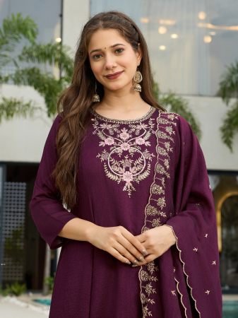 Wine Vichitra Silk Embroidered A-Line Kurta with Pant And Dupatta Sets