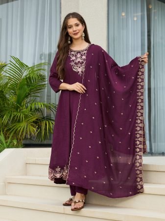 Wine Vichitra Silk Embroidered A-Line Kurta with Pant And Dupatta Sets