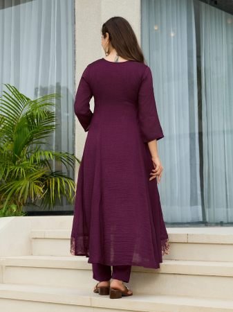 Wine Vichitra Silk Embroidered A-Line Kurta with Pant And Dupatta Sets