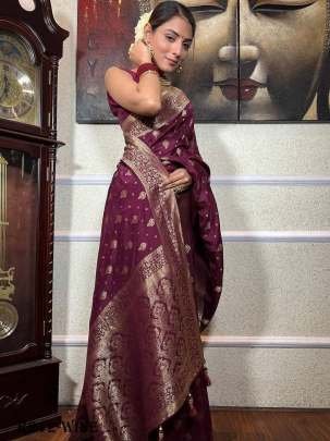 Wine Wedding Pure Copper Zari Banarasi Soft Silk Saree