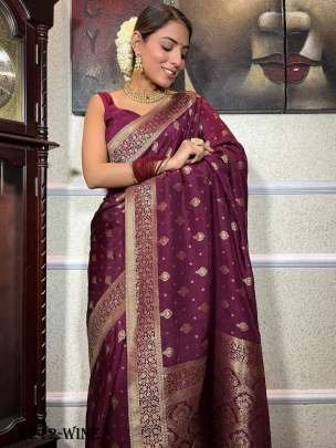 Wine Wedding Pure Copper Zari Banarasi Soft Silk Saree