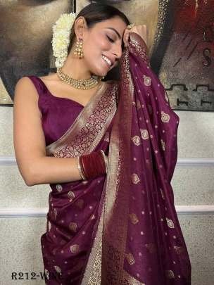 Wine Wedding Pure Copper Zari Banarasi Soft Silk Saree