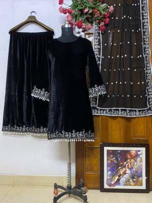 Winter Ethnic Velvet Fabric Embroidery Work Palazzo Suit