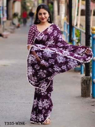 Wine Georgette Floral Printed Saree With Pom Pom Border