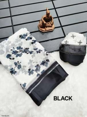 Women Chiffon Black Saree With Floral Print 