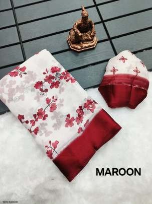 Women Chiffon Maroon Saree With Floral Print 