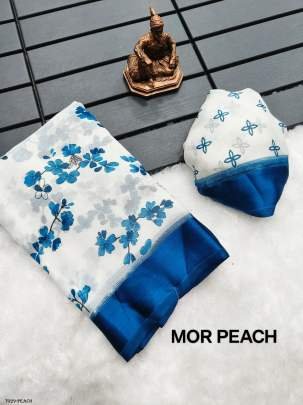 Women Chiffon Blue Saree With Floral Print