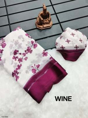 Women Chiffon Wine Saree With Floral Print 