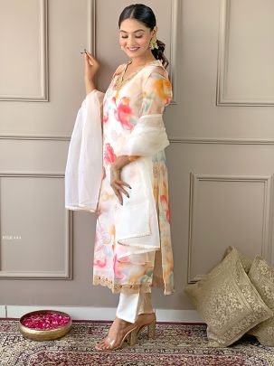 Women Off White Organza Printed Straight Kurti Set