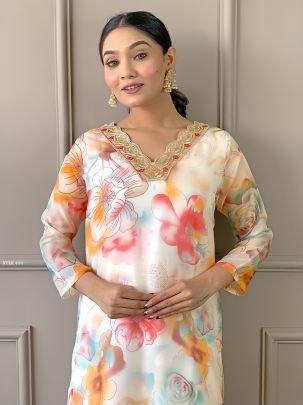 Women Off White Organza Printed Straight Kurti Set