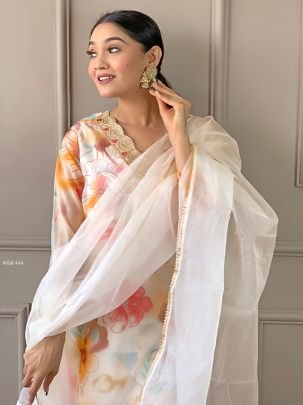 Women Off White Organza Printed Straight Kurti Set