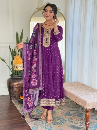 Women Rayon Printed Flared Purple Kurti Set