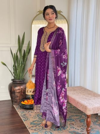 Women Rayon Printed Flared Purple Kurti Set