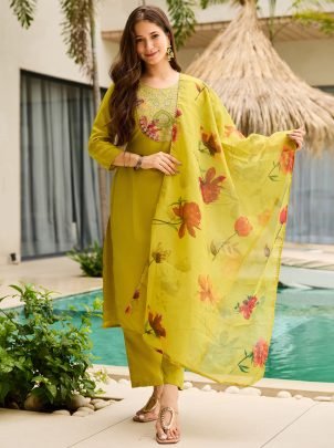 Women s Rayon Embroidered Straight Kurta with Pant And Dupatta Sets