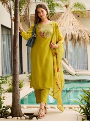 Women s Rayon Embroidered Straight Kurta with Pant And Dupatta Sets