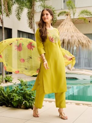 Women s Rayon Embroidered Straight Kurta with Pant And Dupatta Sets