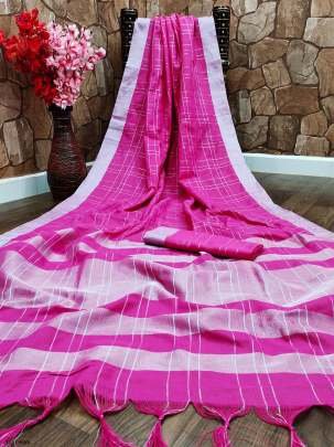 Women Soft Cotton Silk Pink Saree With Silver Patta
