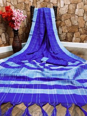 Women Soft Cotton Silk Blue Saree With Silver Patta