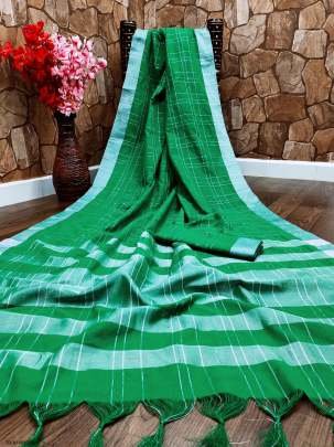 Women Soft Cotton Silk Green  Saree With Silver Patta