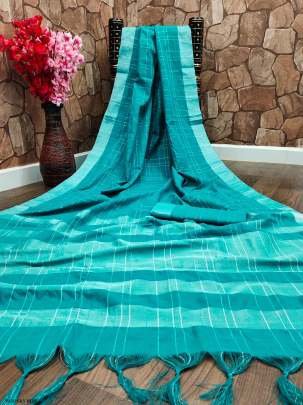 Women Soft Cotton Silk Sky Blue Saree With Silver Patta