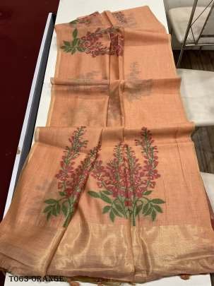 Women Soft Muga Orange Silk Saree With Floral Weaving Pattern