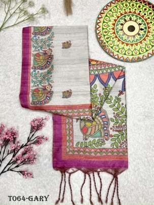 Women Soft Tussar Gary Silk Saree With Madhubani Prints