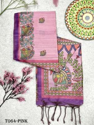 Women Soft Tussar Pink Silk Saree With Madhubani Prints