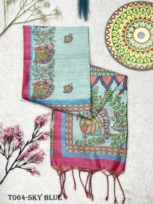 Women Soft Tussar Sky Blue Silk Saree With  Madhubani Prints