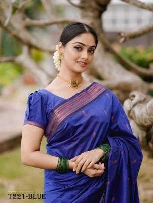 Women Wear Beautiful Blue Soft Lichi Silk Saree