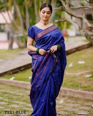 Women Wear Beautiful Blue Soft Lichi Silk Saree