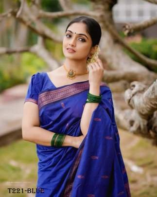 Women Wear Beautiful Blue Soft Lichi Silk Saree