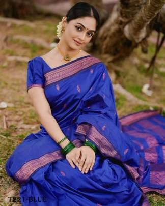 Women Wear Beautiful Blue Soft Lichi Silk Saree