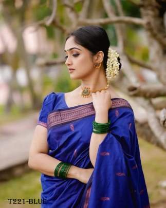 Women Wear Beautiful Blue Soft Lichi Silk Saree