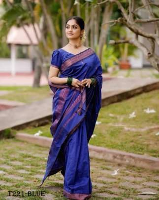 Women Wear Beautiful Blue Soft Lichi Silk Saree
