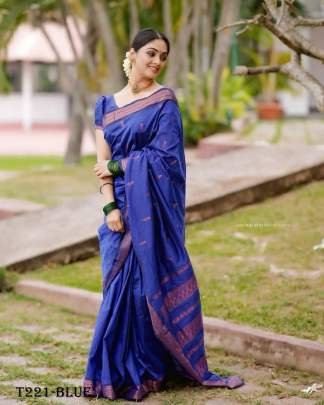 Women Wear Beautiful Blue Soft Lichi Silk Saree