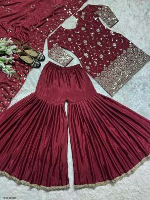 Women Wear Maroon Chinon Silk Sharara With Dupatta