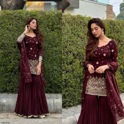 Women Wear Maroon Chinon Silk Sharara With Dupatta