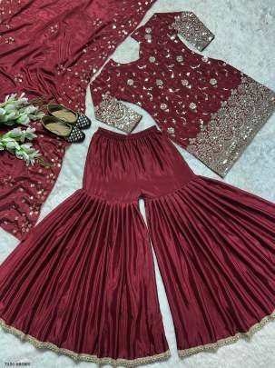 Women Wear Maroon Chinon Silk Sharara With Dupatta
