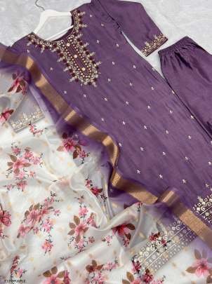 Women Wear Purple Pure Chinon Silk Kurti Pant Set