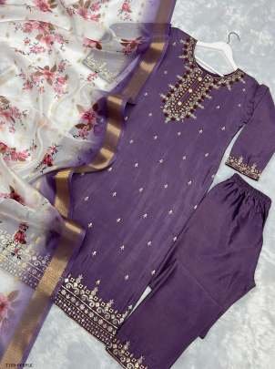 Women Wear Purple Pure Chinon Silk Kurti Pant Set