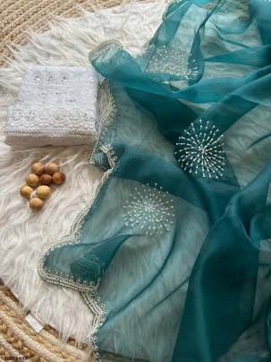 Women Wear Rama Handwork Organza Saree With Blouse