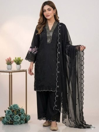 Womens Black Chanderi Suit Set with Sequence Embroidery Work