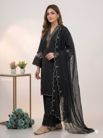Womens Black Chanderi Suit Set with Sequence Embroidery Work