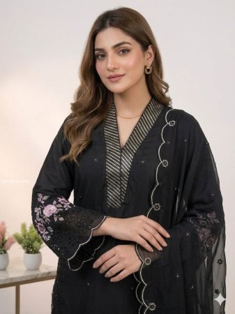 Womens Black Chanderi Suit Set with Sequence Embroidery Work