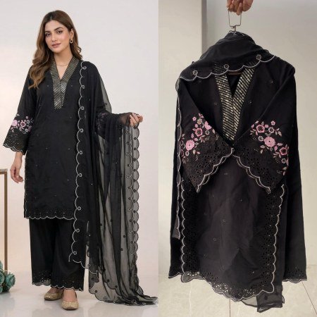 Womens Black Chanderi Suit Set with Sequence Embroidery Work