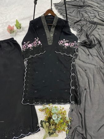 Womens Black Chanderi Suit Set with Sequence Embroidery Work