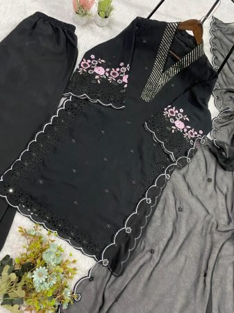 Womens Black Chanderi Suit Set with Sequence Embroidery Work