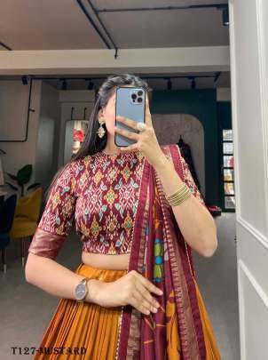 Womens Mustard Tussar Silk With Foil Work Lehenga Choli