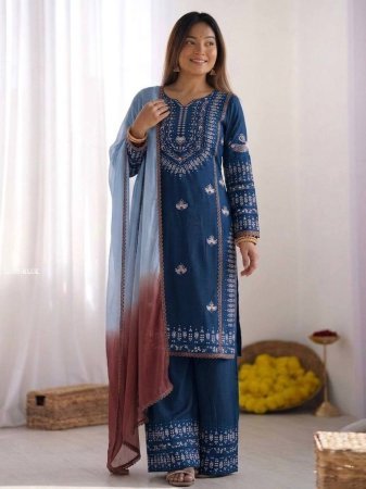 Womens Rayon Cotton Embroidered Kurti Palazzo Set with Dupatta