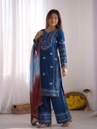 Womens Rayon Cotton Embroidered Kurti Palazzo Set with Dupatta